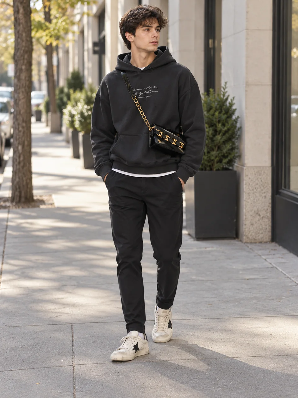 Winter black hoodie route styled on a model