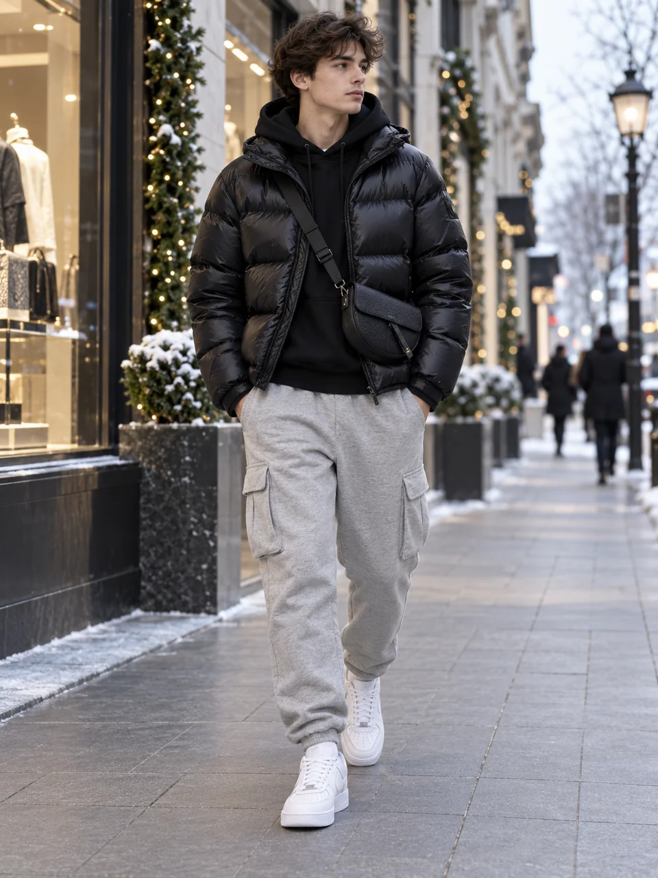 Winter bag match look styled on a model