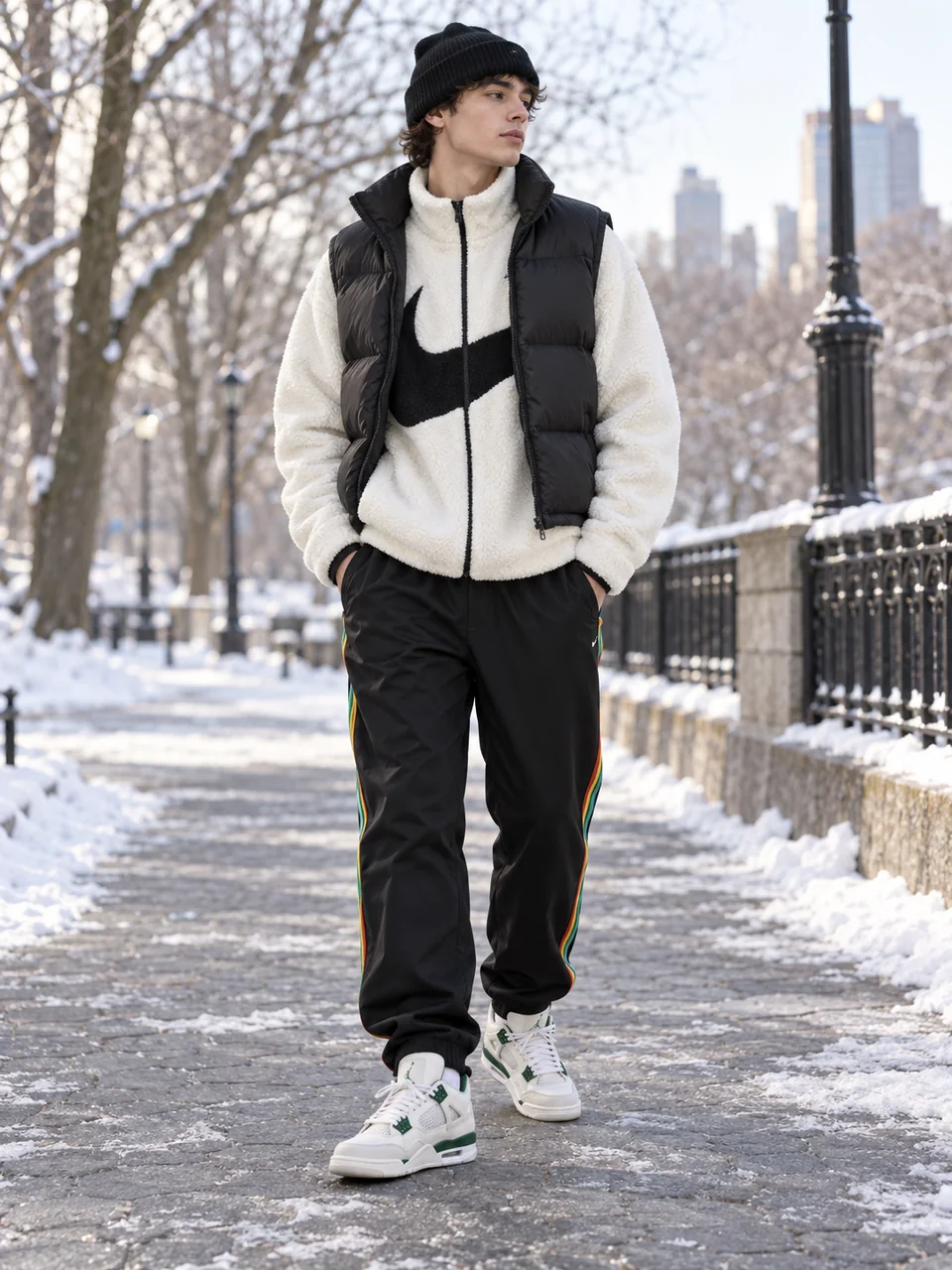 Sneaker winter layer fit styled on a model