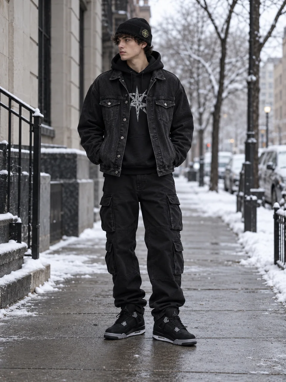 Black winter route styled on a model