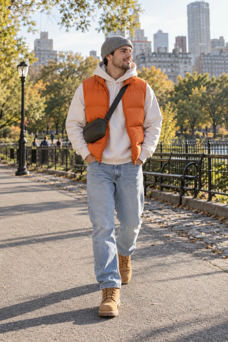 Clean campus outfit styled on a model