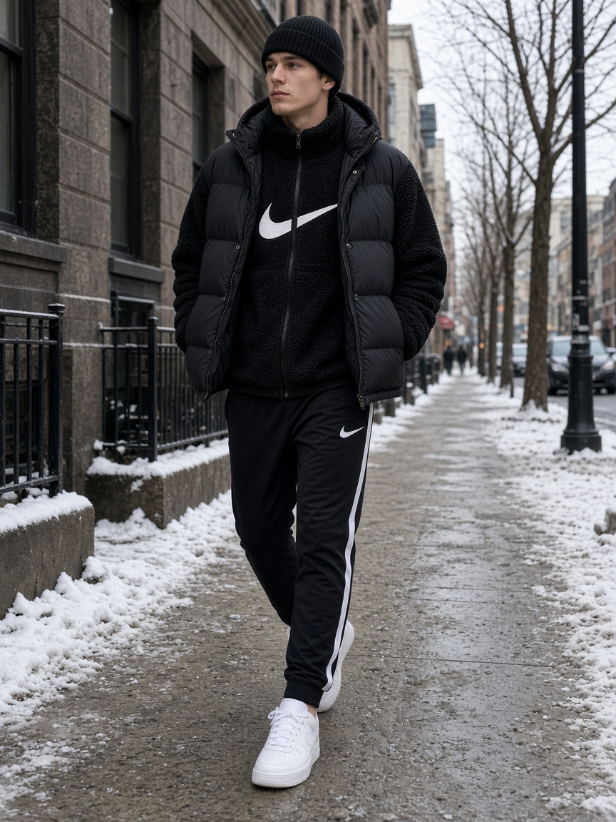 Black sherpa vest and track pants outfit
