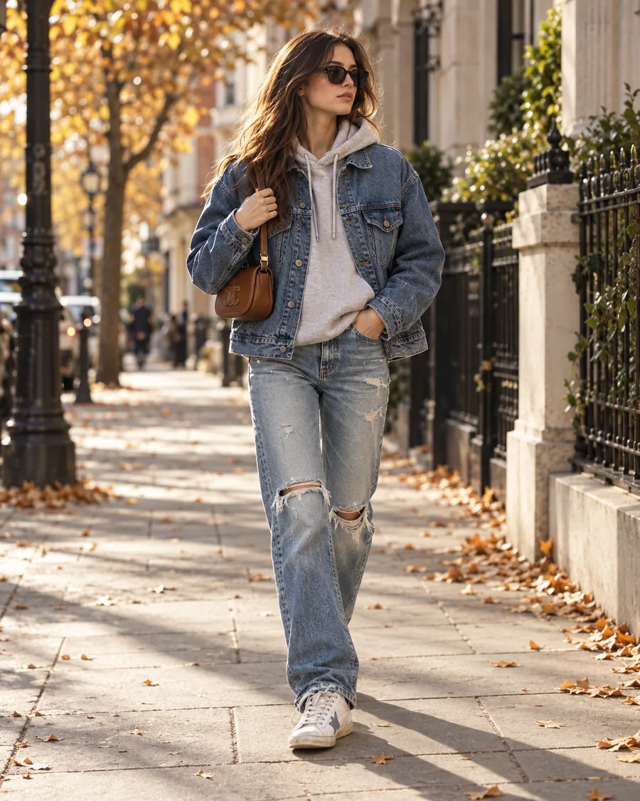 Autumn denim route styled on a model